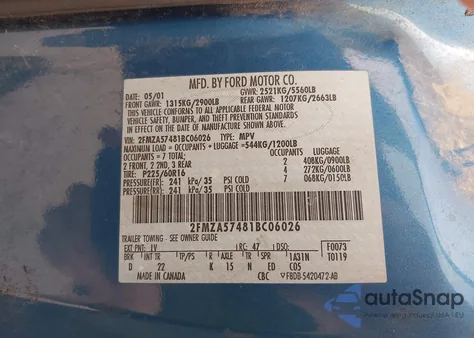 2001 Ford Windstar Se Sport from USA, damaged, VIN 2FMZA57481BC06026